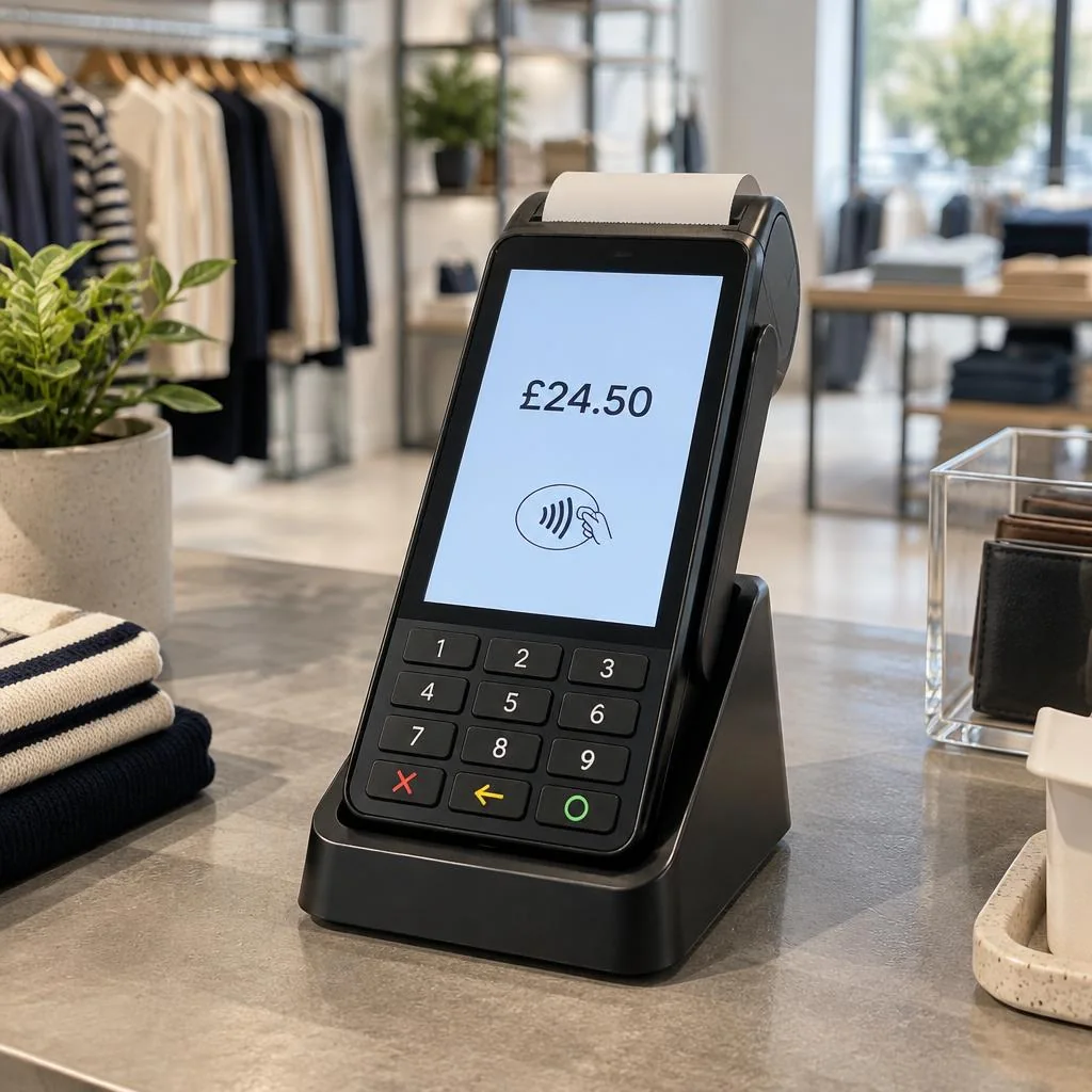 PAX A920 card machine on a charging base at a Manchester shop counter - MCR Counter package