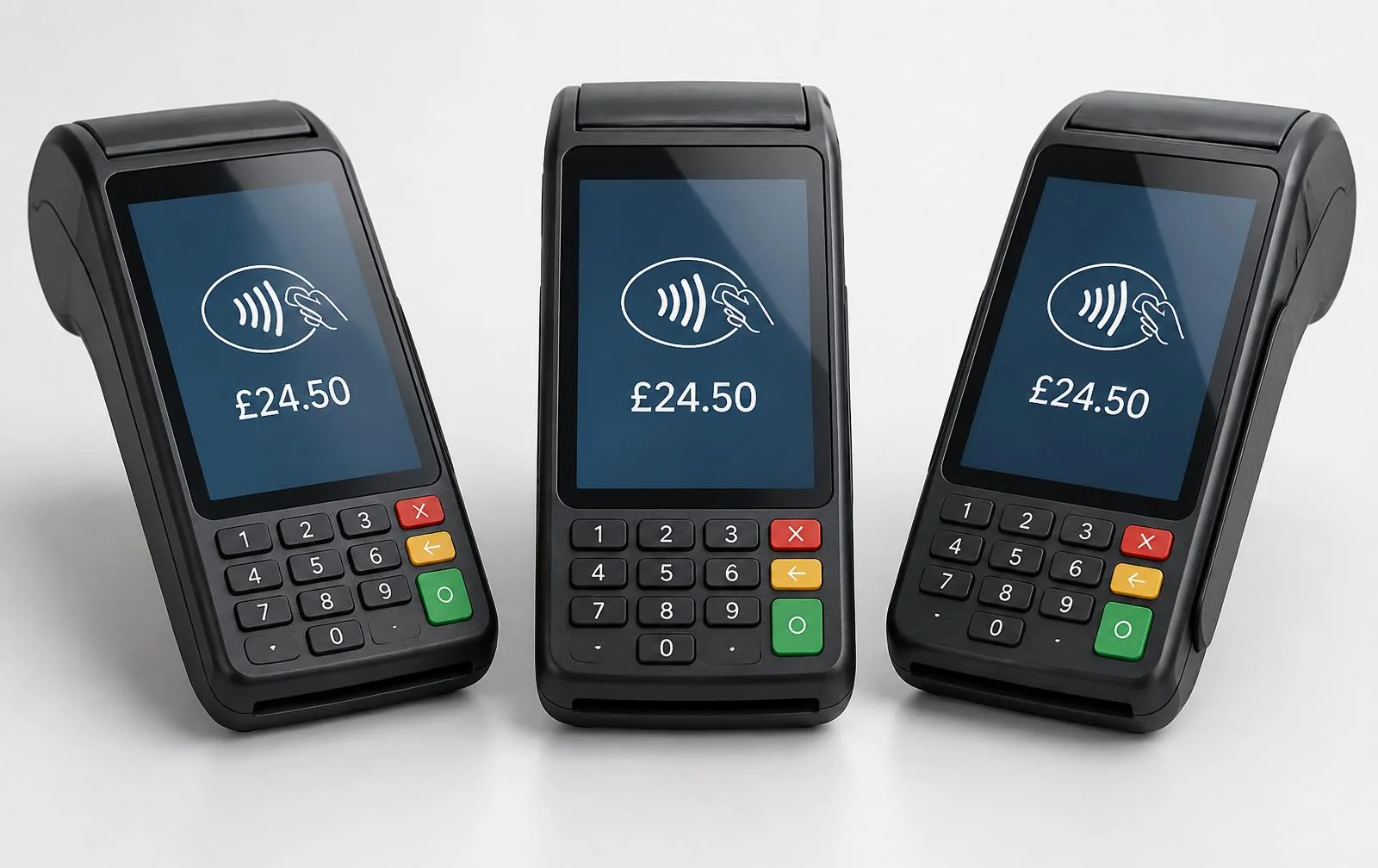 Three PAX A920 Android card machines with contactless payment screens