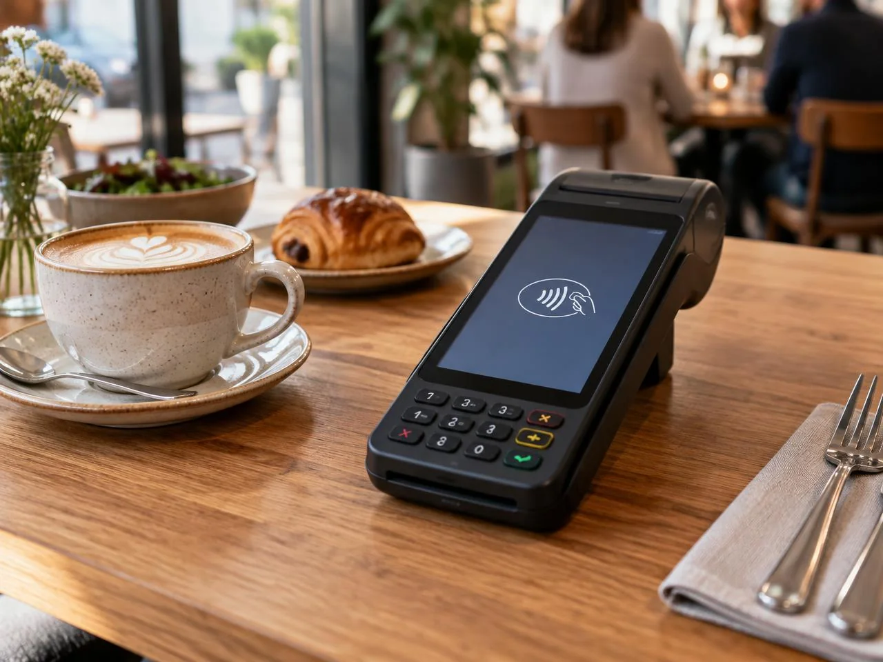 PAX A920 card machine ready for contactless payment at a cafe table