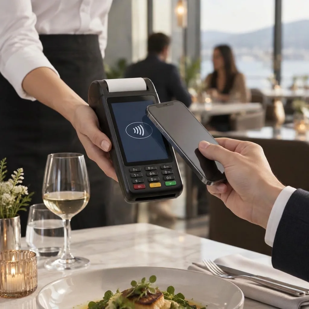 PAX A920 card machine used for contactless payment at a restaurant table - MCR Roam Wi-Fi package