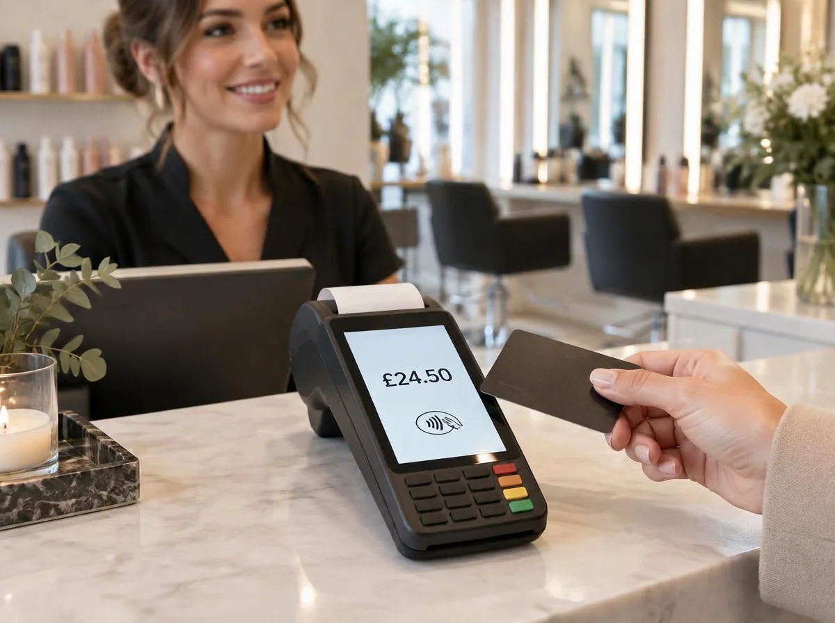 PAX A920 card machine taking a contactless payment at a salon reception