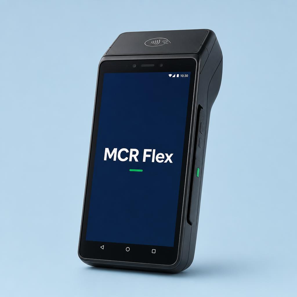 MCR Flex card machine showing MCR Flex on the terminal screen