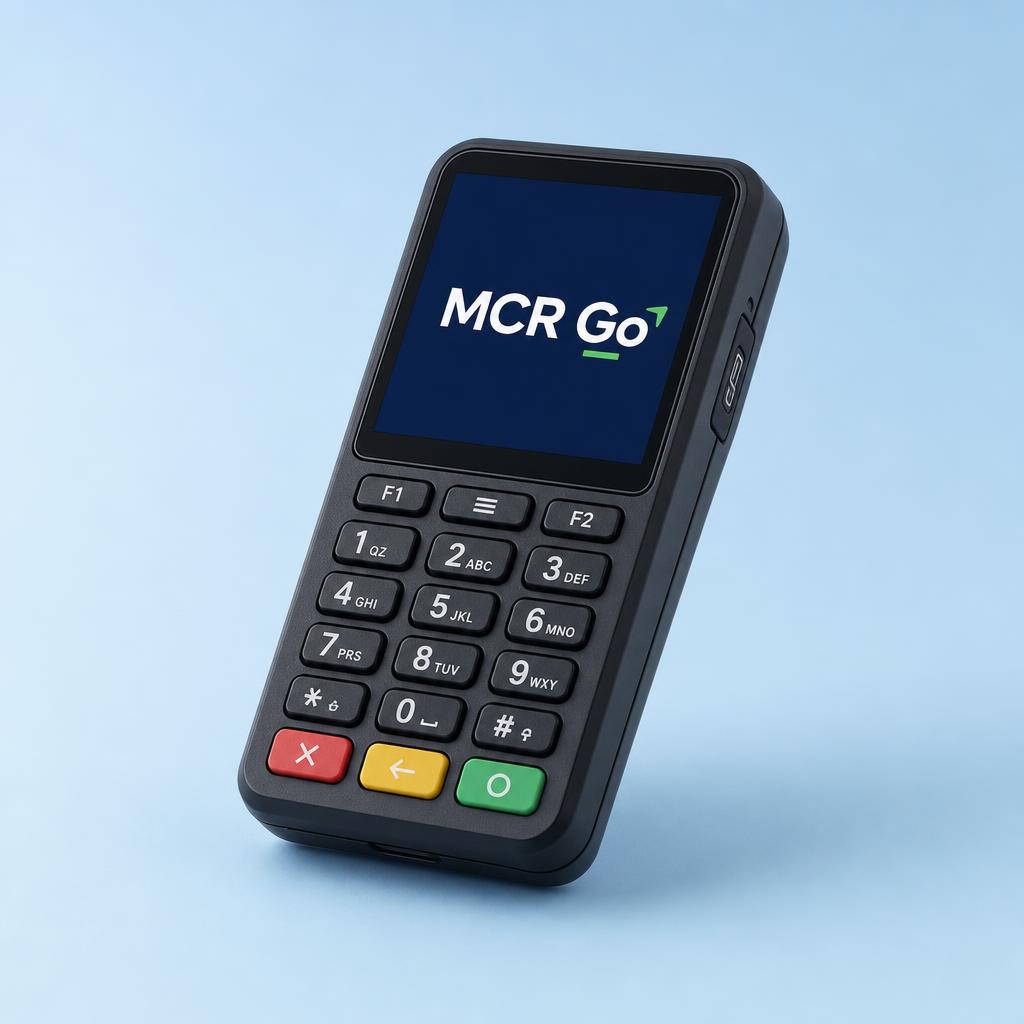 MCR Go card machine showing MCR Go on the terminal screen
